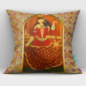 Persian Art Velvet Cushion Cover – Elegant Design of a Girl Playing Kamancheh, Inspired by Traditional Persian Music and Culture
