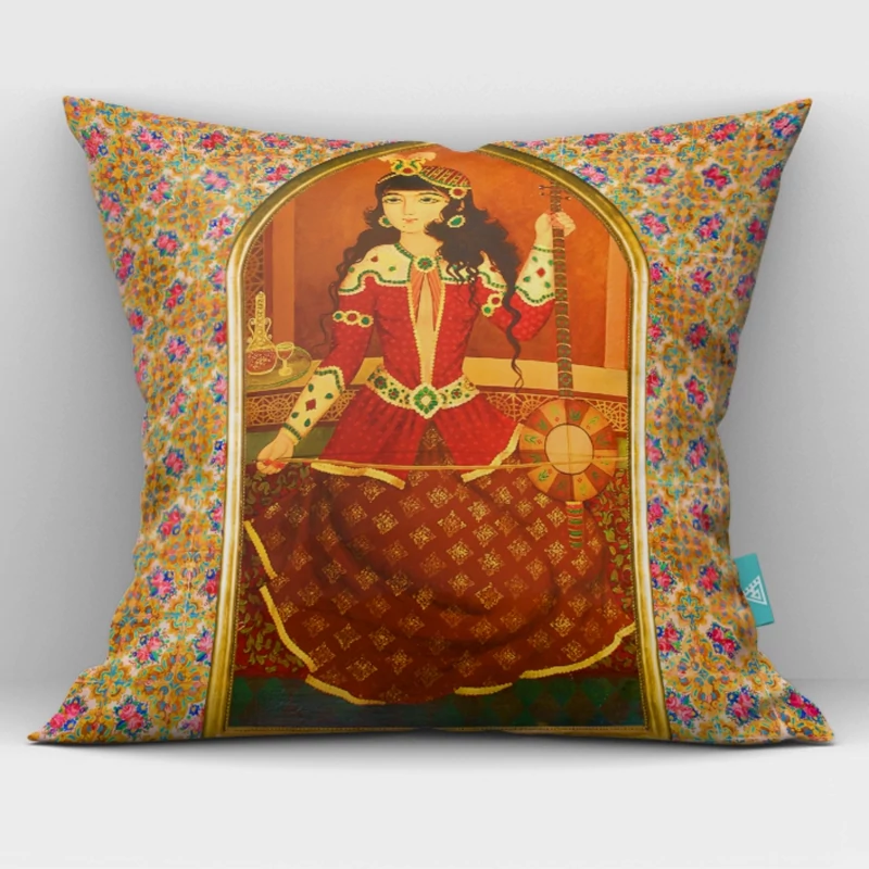 Main image of Persian Art Velvet Cushion Cover – Elegant Design of a Girl Playing Kamancheh, Inspired by Traditional Persian Music and Culture