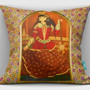 Persian Art Velvet Cushion Cover – Elegant Design of a Girl Playing Kamancheh, Inspired by Traditional Persian Music and Culture