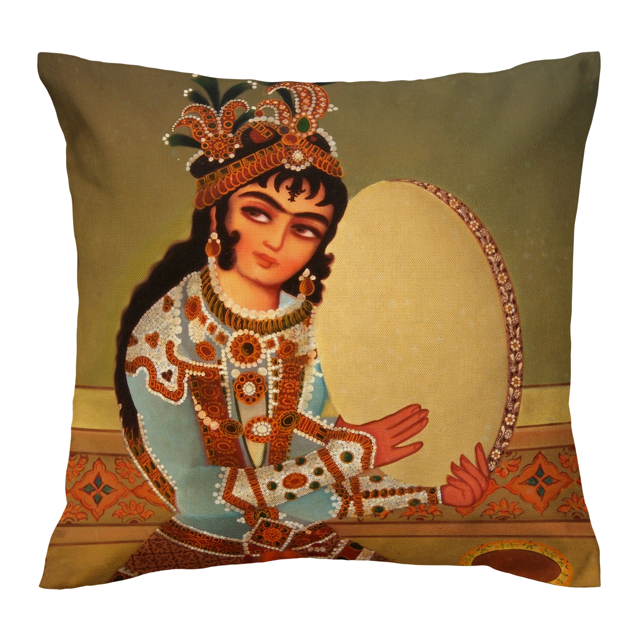 Main image of Persian Art Velvet Pillow Cover - Printed Design of Girl Playing Daf, Ideal for Sofa & Living Room