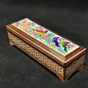 Persian Khatam Inlaid Wooden Hinged Pencil Box – Bird and Flower Artwork, Gift Ready