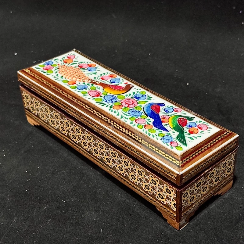 Main image of Persian Khatam Inlaid Wooden Hinged Pencil Box – Bird and Flower Artwork, Gift Ready