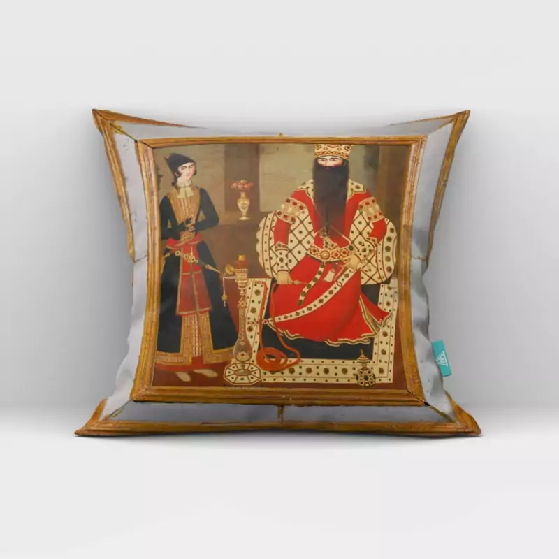 Main image of Persian Velvet Cushion Cover with Fath-Ali Shah Qajar Design – A Touch of Royal Persian Heritage