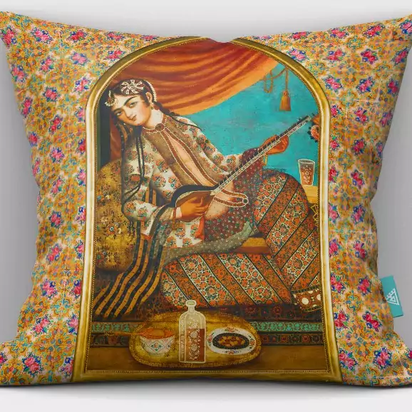 Persian Velvet Cushion Cover – Artistic Depiction of a Girl Playing Kamancheh, Symbolizing Persian Musical Heritage