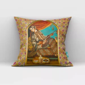 Persian Velvet Cushion Cover – Artistic Depiction of a Girl Playing Kamancheh, Symbolizing Persian Musical Heritage