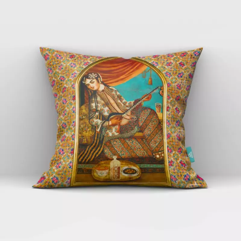 Main image of Persian Velvet Cushion Cover – Artistic Depiction of a Girl Playing Kamancheh, Symbolizing Persian Musical Heritage