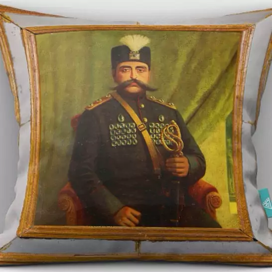 Persian Velvet Cushion Cover – Featuring Naser al-Din Shah Qajar, the Regal Qajar King, Reflecting the Elegance of Persian Royal Heritage