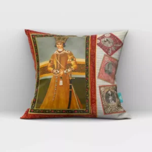Persian Velvet Cushion Cover – Featuring a Qajar Prince and Stamp Design, Reflecting the Elegance of Persian Royal Heritage