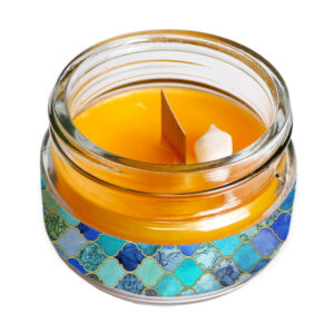 Persian Scented Jar Candle with Wooden Wick, Tile Design Glass – Perfect for Home Décor, Relaxation, and Gift Giving