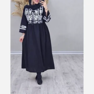 Flare Kaftan with Lightweight Printed Floral Design on Chest and Sleeve Cuffs