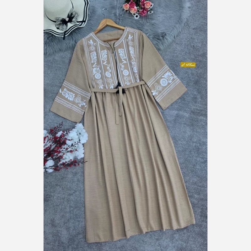 Flare Kaftan with Lightweight Printed Floral Design on Chest and Sleeve Cuffs