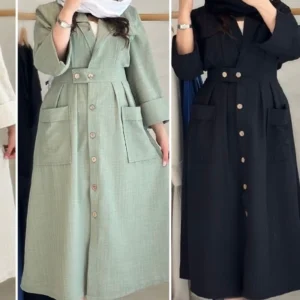 Long Front-Buttoned Manto with Matching Belt and Three – Quarter Sleeves, Trench Coat Style