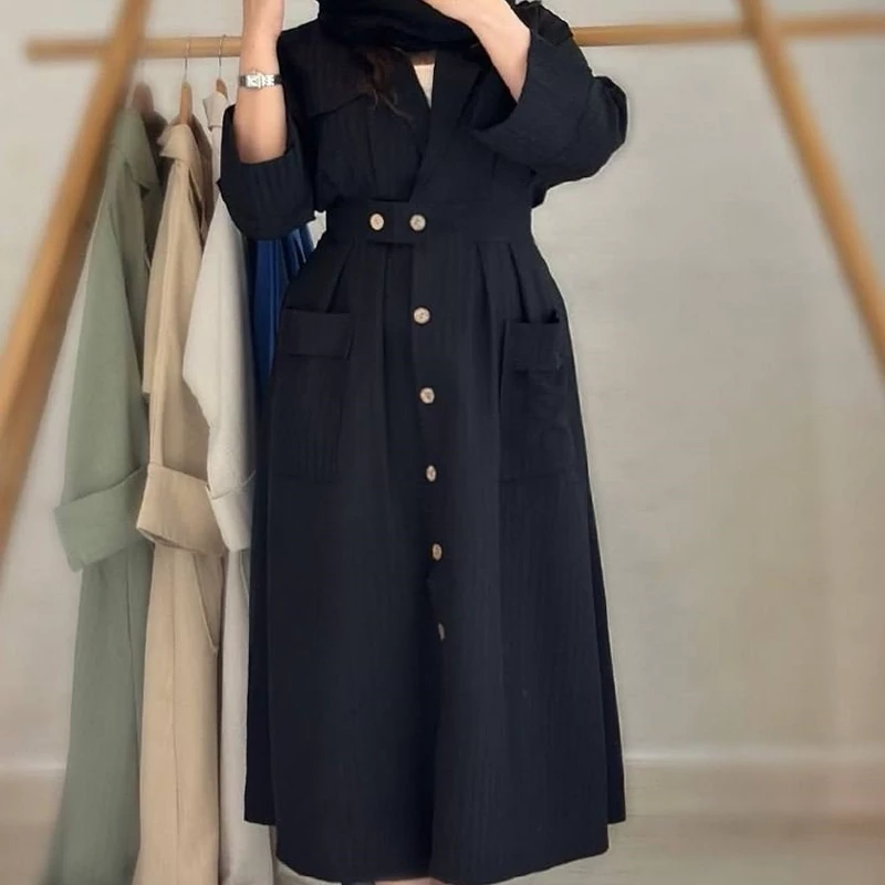 Long Front-Buttoned Manto with Matching Belt and Three – Quarter Sleeves, Trench Coat Style