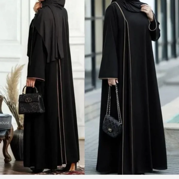 Solid Long Kaftan Abaya with Minimalist Vertical White Line – Lightweight and Comfortable, Free Size up to 50 (1)