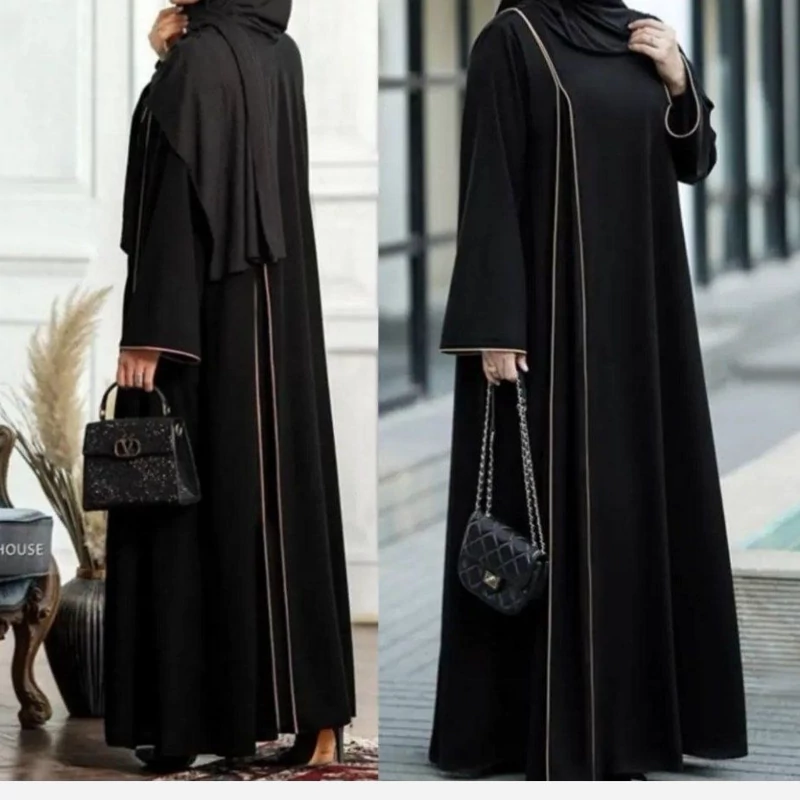 Main image of Solid Long Kaftan Abaya with Minimalist Vertical White Line – Lightweight and Comfortable