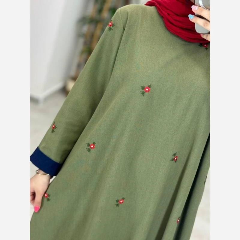 Summer Linen A-line Kaftan Dress – Embroidered Floral Design with Hidden Pocket and Foldable Sleeve Edges