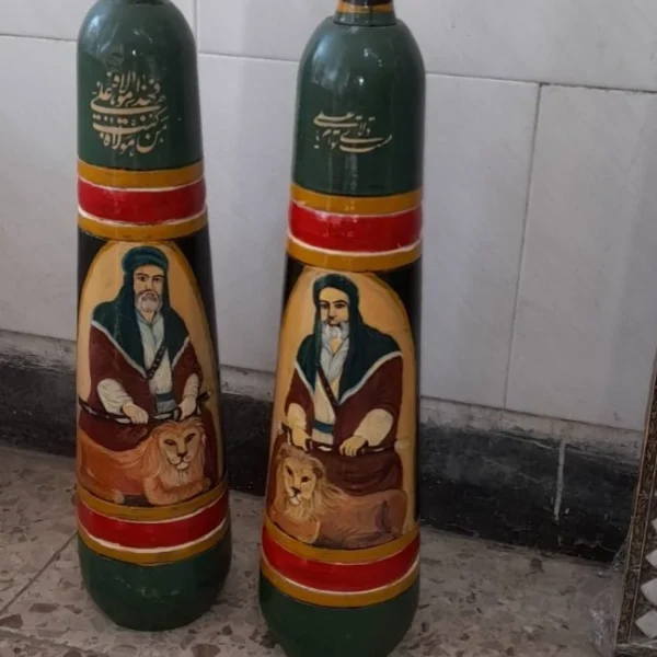 Traditional Persian Wooden Meel Club Set, Hand-Painted Imam Ali – 5kg Each (2)