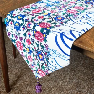 Velvet Tassel Table Runner – Decorative Printed Calligraphy and Floral Pattern, Lined Fabric for Dining Table
