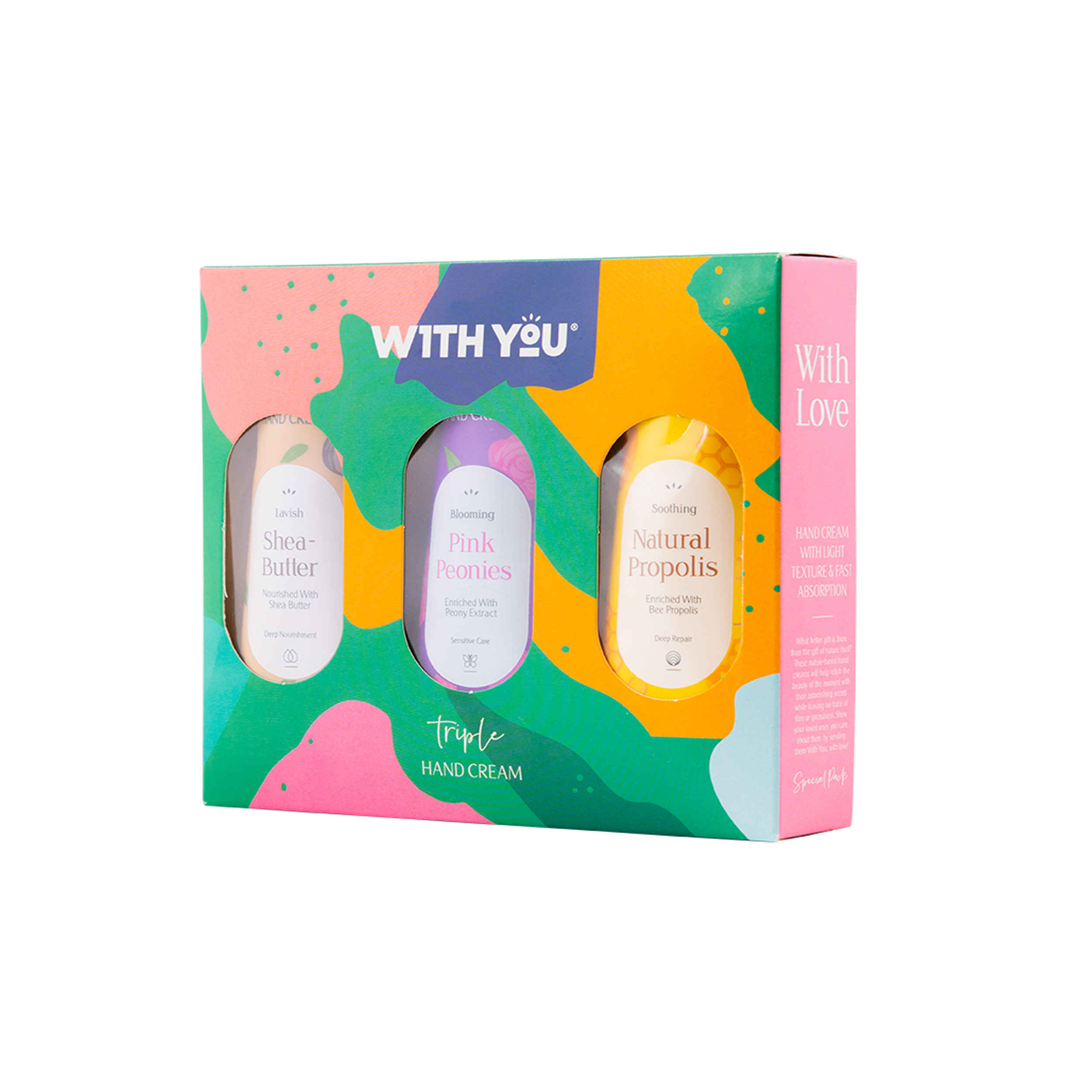 WITH YOU Hand Cream – Set of 3: Natural Propolis, Shea Butter & Pink Peonies, 50ml