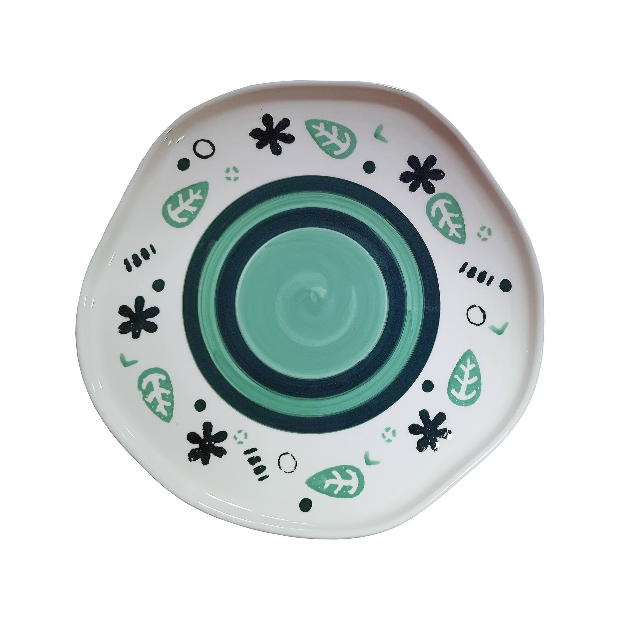 White Ceramic Serving Plate | Microwave and Durable | Irregular Circle Shape with Spring Green Leaves