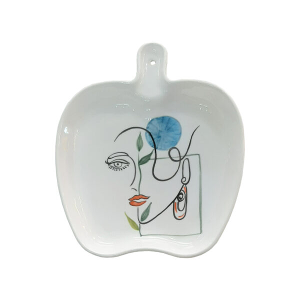 White Ceramic Dish with Abstract Face Pattern and Small Handle - For Serving & Wall Decoration (1)