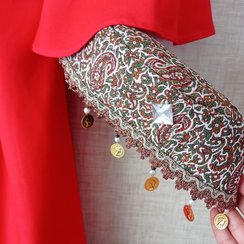 Traditional Iranian Handmade Qajar Women’s Outfit with Flared Sleeves, Termeh Jacket, Coin Hat and Pleated Skirt