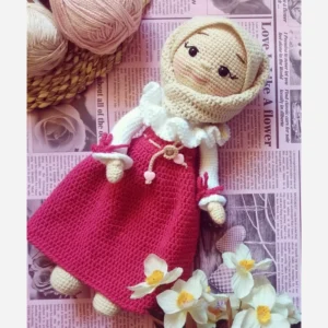 Handwoven Amigurumi Crochet Hijab Doll – Girl with Frilly Collar & Long Skirt | Ideal for Taklif Ceremony Gifts