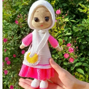 Handwoven Amigurumi Crochet Hijab Doll – Girl With Removable Pink Outfit & Shoulder Bag | Toy for Taklif Ceremony