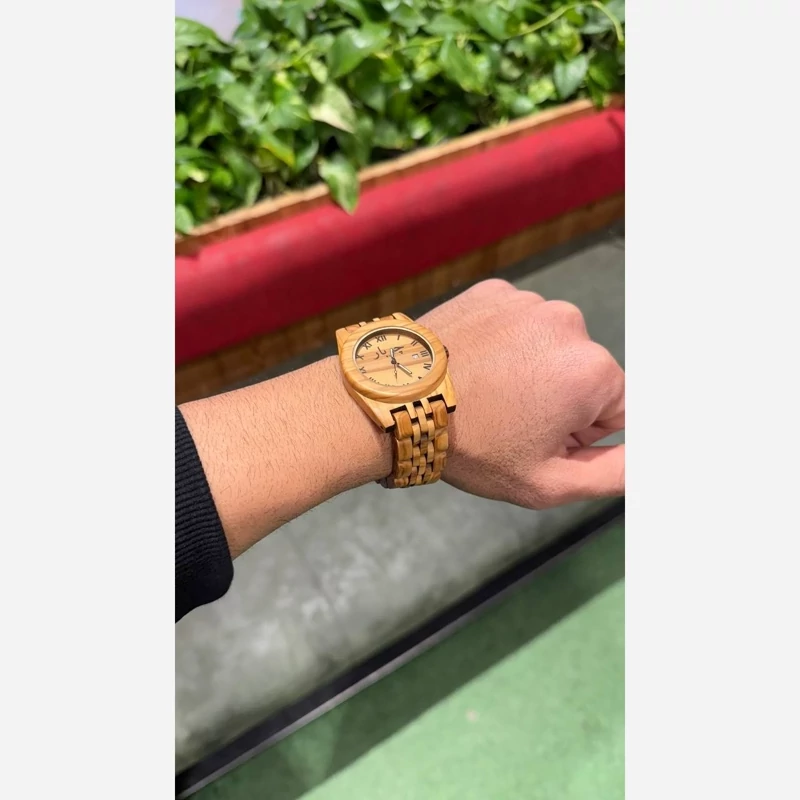 Beech Wood Wristwatch with Roman Numerals, Date Window & Natural Grain Band | 36mm Quartz