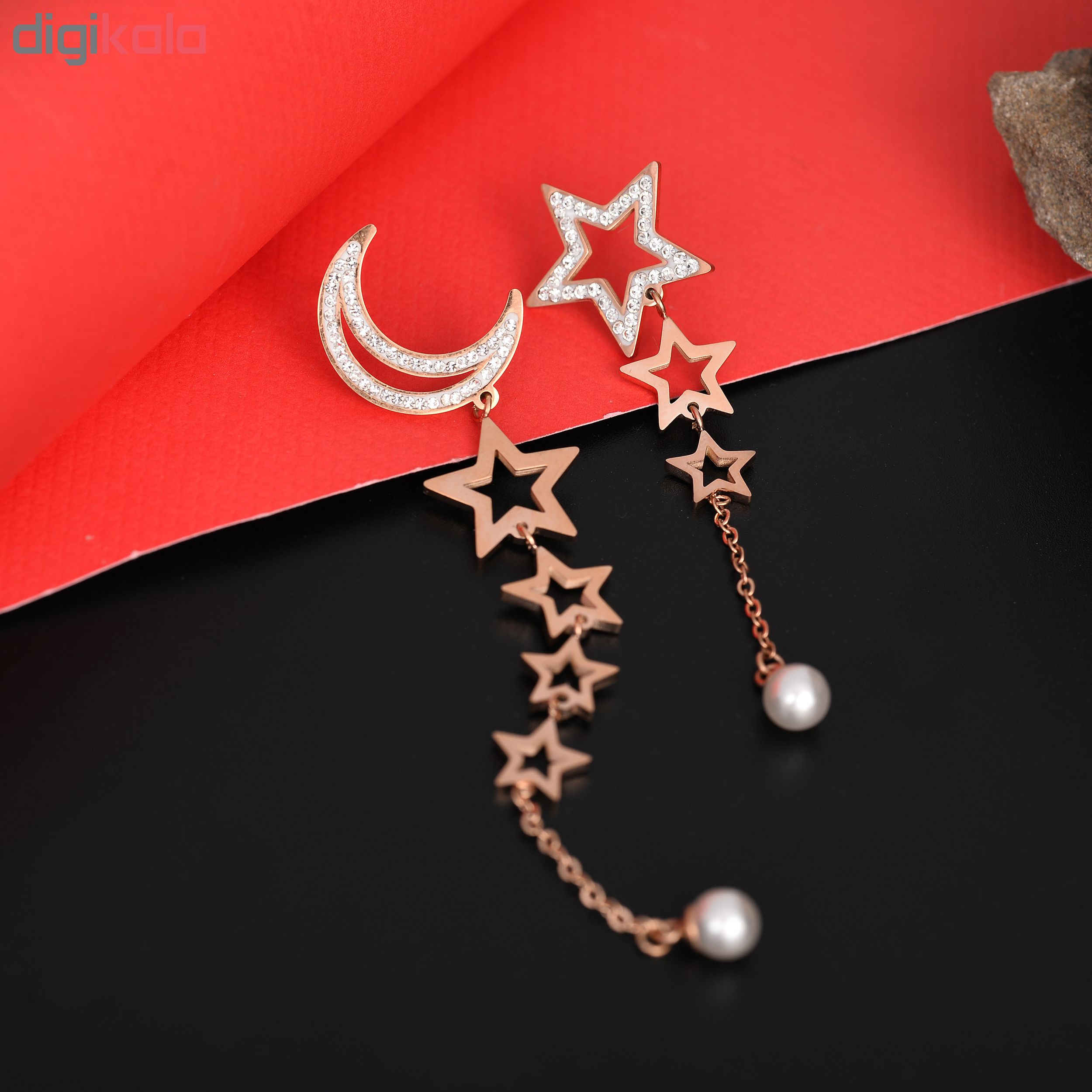 Stainless Steel Moon & Star Asymmetric Earrings with Pearl Drops – Rose Gold Celestial Pair