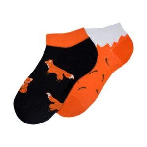 Black & Orange Fancy Mismatch Socks with Fox Pattern in Low‑Cut Ankle Novelty for Adults