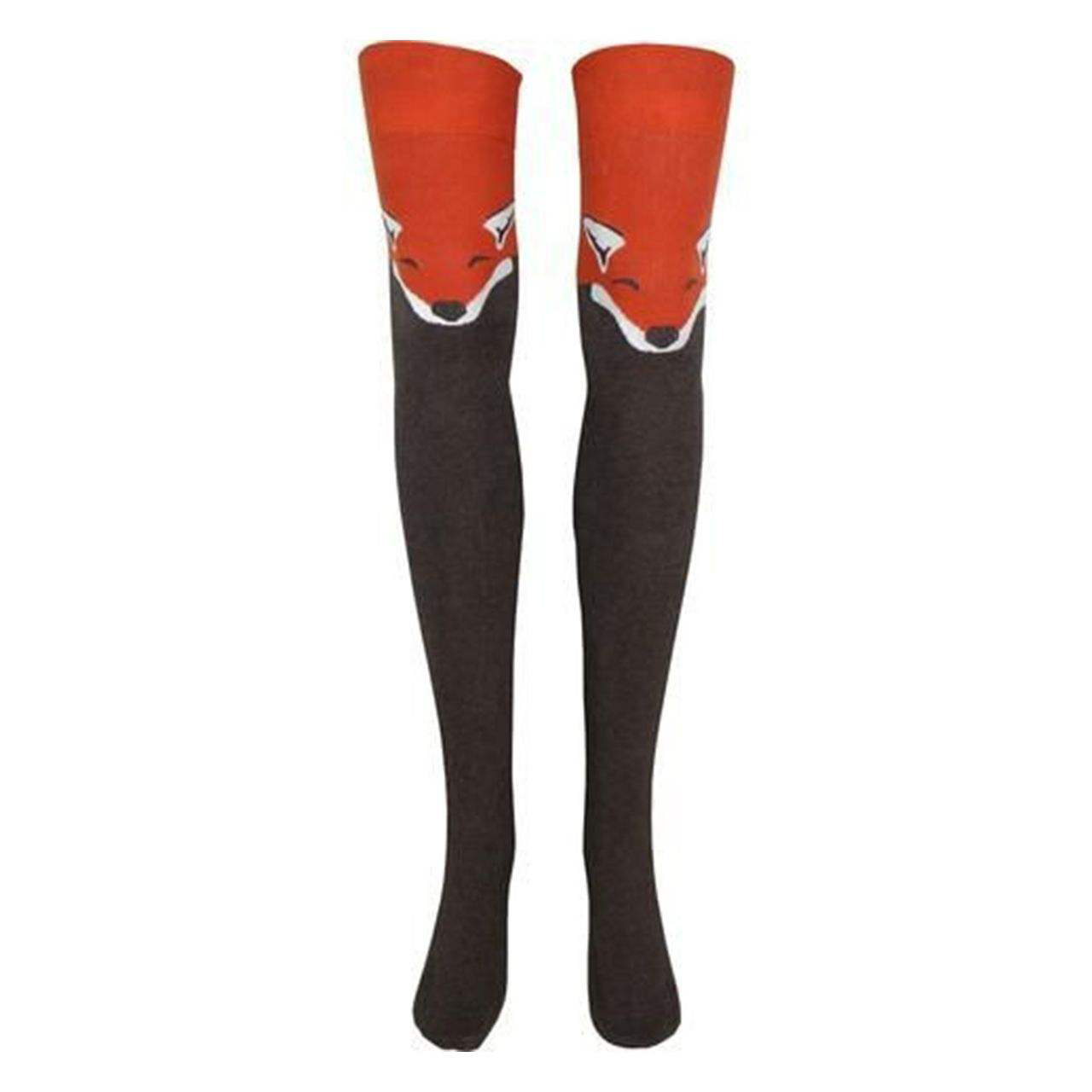 Dark‑Brown Fancy Socks with Fox Pattern in Over‑Knee Thigh‑High Novelty for Adults