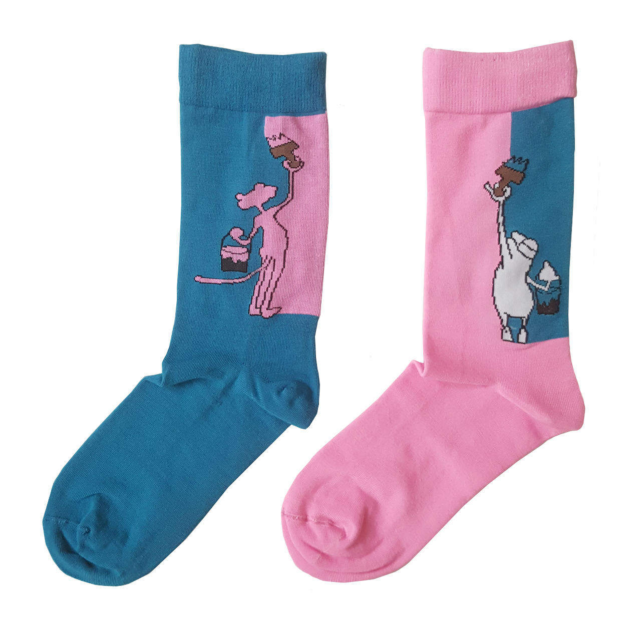 Blue & Pink Fancy Mismatch Socks with Pink‑Panther & Angry‑Character Pattern in Crew‑Length Novelty for Adults