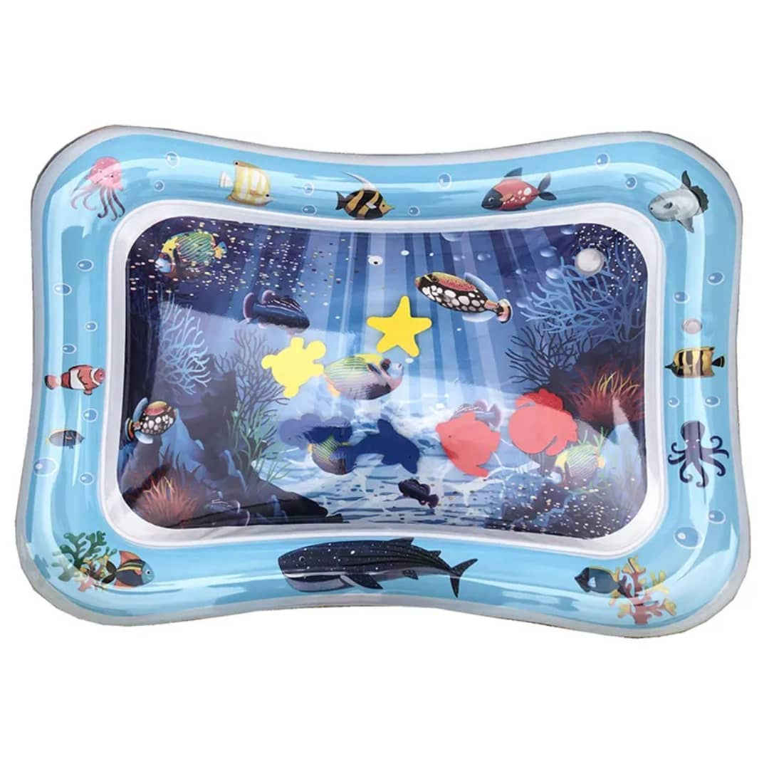 Inflatable Baby Aquarium Water Play Mat – Night Ocean Theme Sensory Tummy Time Pad with Floating Shapes