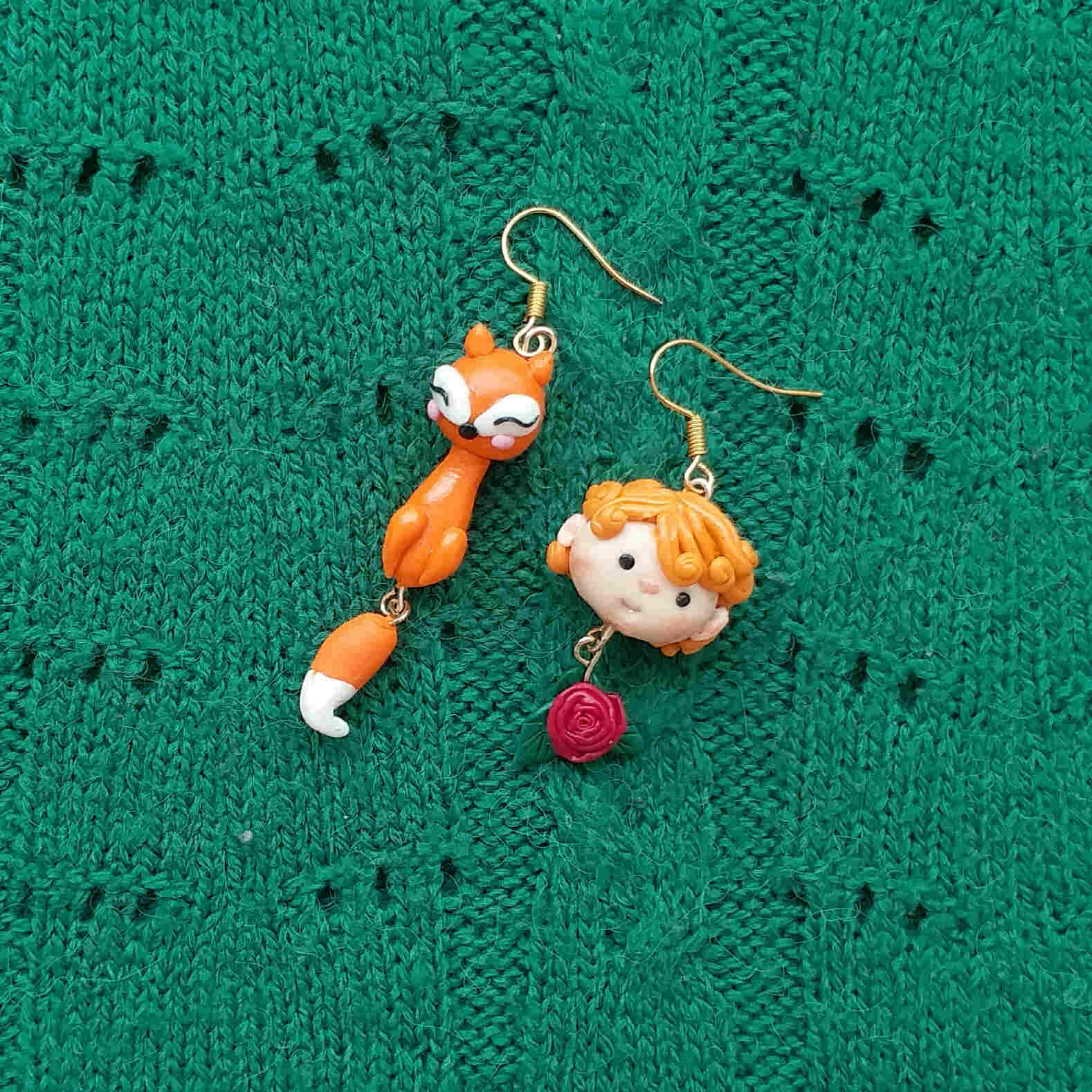 Hand‑Crafted Polymer Clay Little Prince & Fox Asymmetric Earrings – Whimsical Storybook Dangle Pair