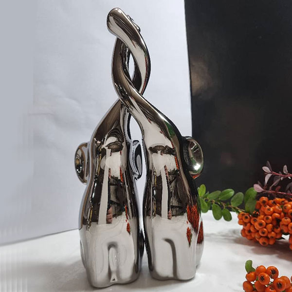 Loving Elephant Figurine Set (2‑Piece) – Silver Glazed Ceramic Decorative Sculptures