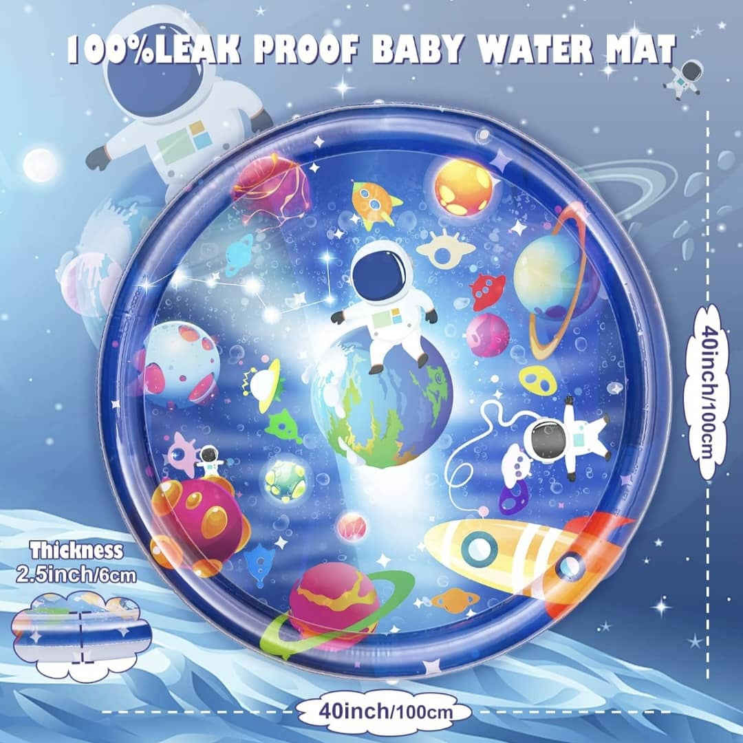 Inflatable Round Baby Aquarium Water Play Mat – Astronaut & Outer Space Theme – Sensory Tummy Time Pad with Floating Shapes