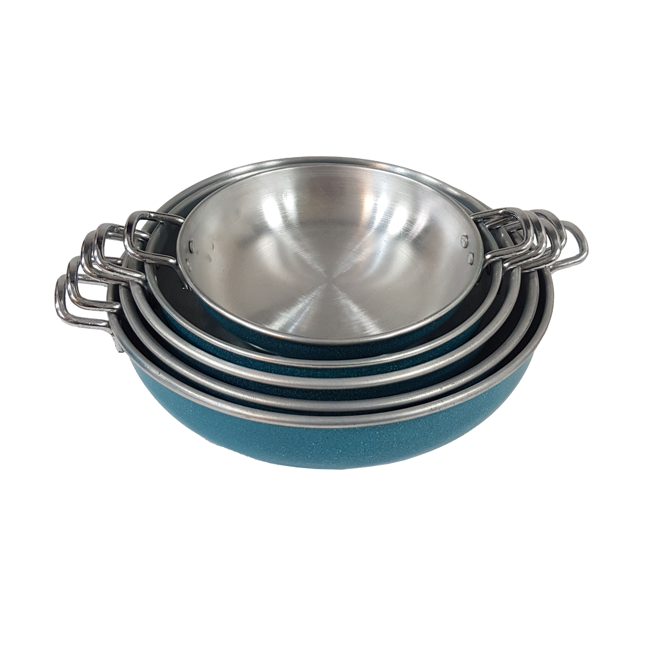 5-Piece Non-Stick Aluminum Frying Pan Set – Blue Coating, Everyday Home Cookware with Metal Handles