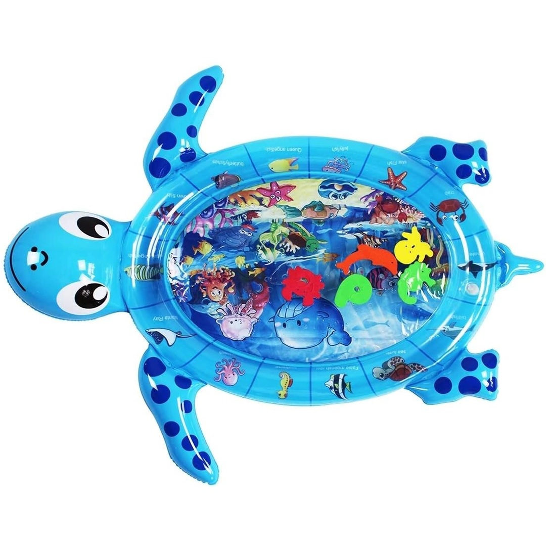 Inflatable Blue-Turtle‑Shaped Baby Aquarium Water Play Mat – Cartoon Sea Animals Sensory Tummy Time Pad with Floating Shapes