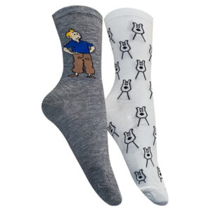 Gray & White Fancy Mismatch Socks with Tintin Pattern in Crew‑Length Novelty for Adults