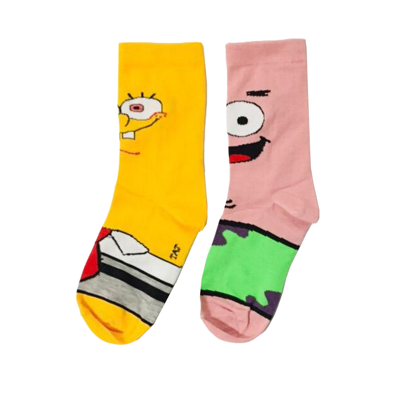 Yellow & Pink Fancy Mismatch Socks with SpongeBob & Patrick Duo Pattern in Crew‑Length Style for Adults