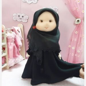 Islamic Hijab Doll for Girls | Fabric Toy with Removable Black Dress & Extra Long Cloth, Prayer Mat, Shoes & Hair Accessories