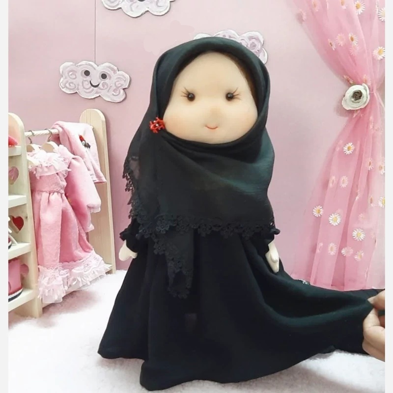Main image of Islamic Hijab Doll for Girls | Fabric Toy with Removable Black Dress & Extra Long Cloth, Prayer Mat, Shoes & Hair Accessories