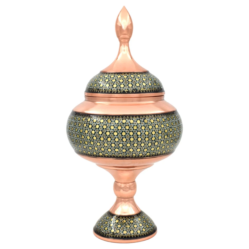 3-Piece Khatamkari Copper Vase and Candy Dish Set with Velvet Gift Box