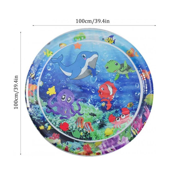Inflatable Round Baby Aquarium Water Play Mat – Cartoon Crab & Fish Ocean Theme – Sensory Tummy Time Pad with Floating Shapes