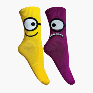 Yellow & Purple Fancy Mismatch Socks with Minions Pattern in Crew‑Length Novelty for Adults