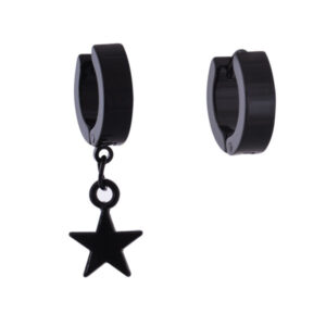 Stainless Steel Black Hoop Earrings with Star Charm – Asymmetric Minimal Dangle Pair