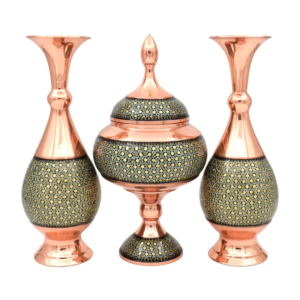 3-Piece Khatamkari Copper Vase and Candy Dish Set with Velvet Gift Box