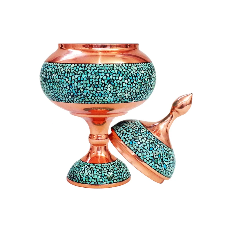 3-Piece Set of Turquoise Inlay Copper Vase and Candy Dish with Velvet Gift Box