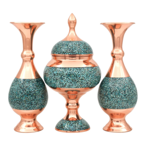 3-Piece Set of Turquoise Inlay Copper Vase and Candy Dish with Velvet Gift Box